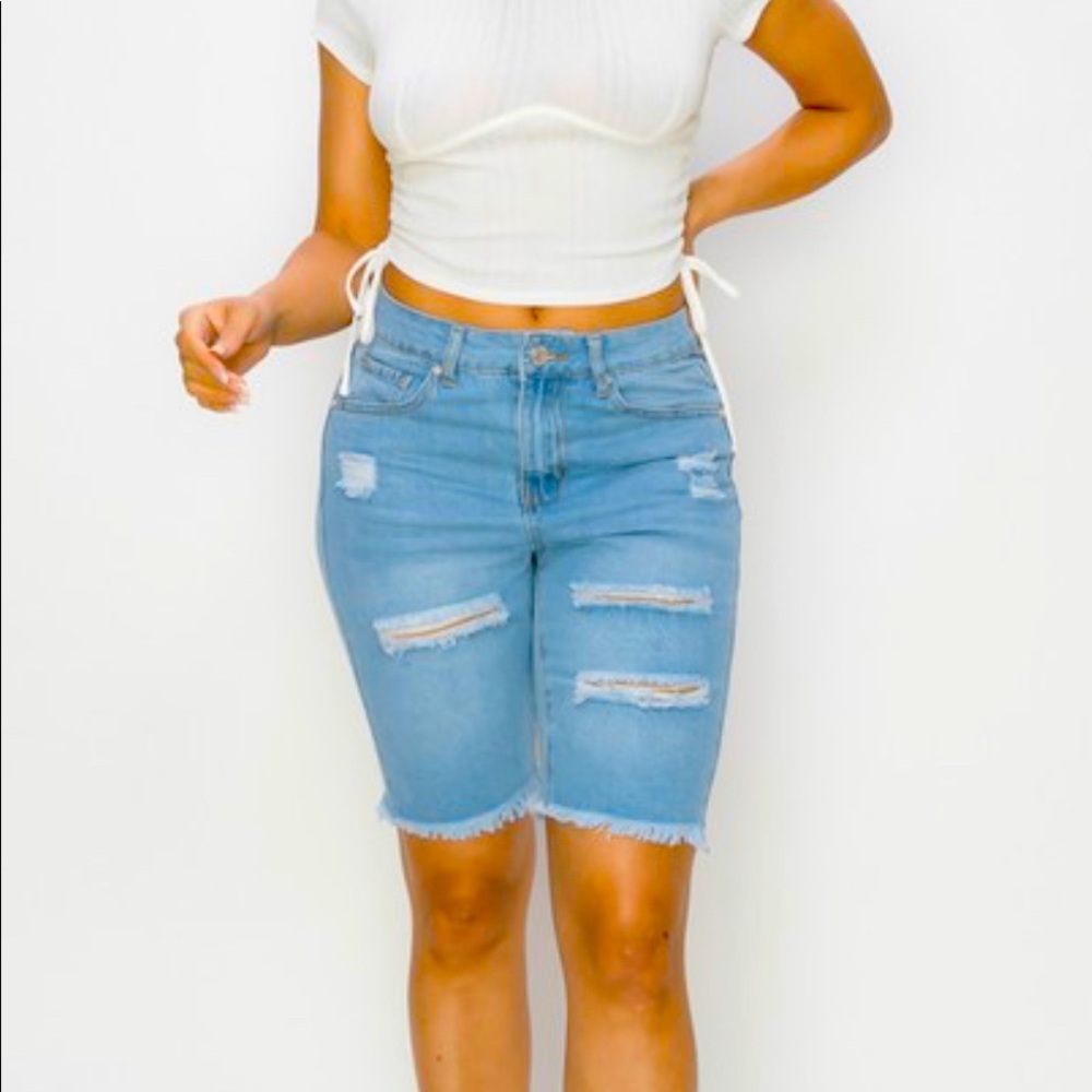 Distressed Denim Bermuda Shorts Light Blue